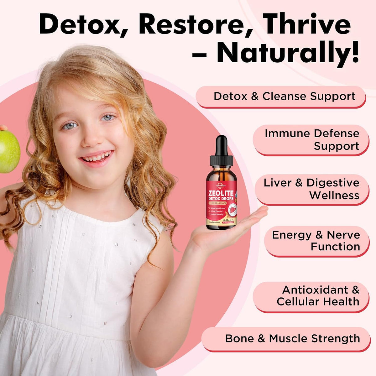Zeolite Detox for Kids and Adults, Clinoptilolite Zeolite Liquid Drops with Chlorella, Magnesium, Zinc, Methy Vitamin B12 & D3, Gut Liver Detox Cleanse, Immunity, Strawberry Flavor 2 Fl Oz