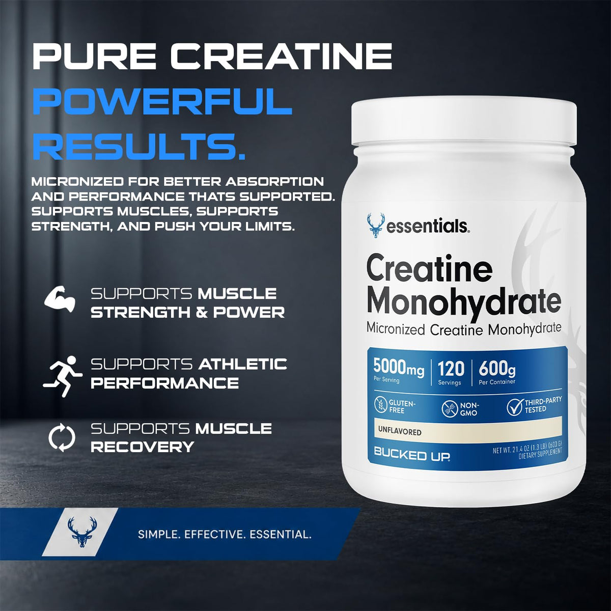 Bucked Up Pure Micronized Creatine Monohydrate for Women and Men - Easy to Mix and Unflavored - 5G Per Serving - 50 Servings - 250 Grams Per Container