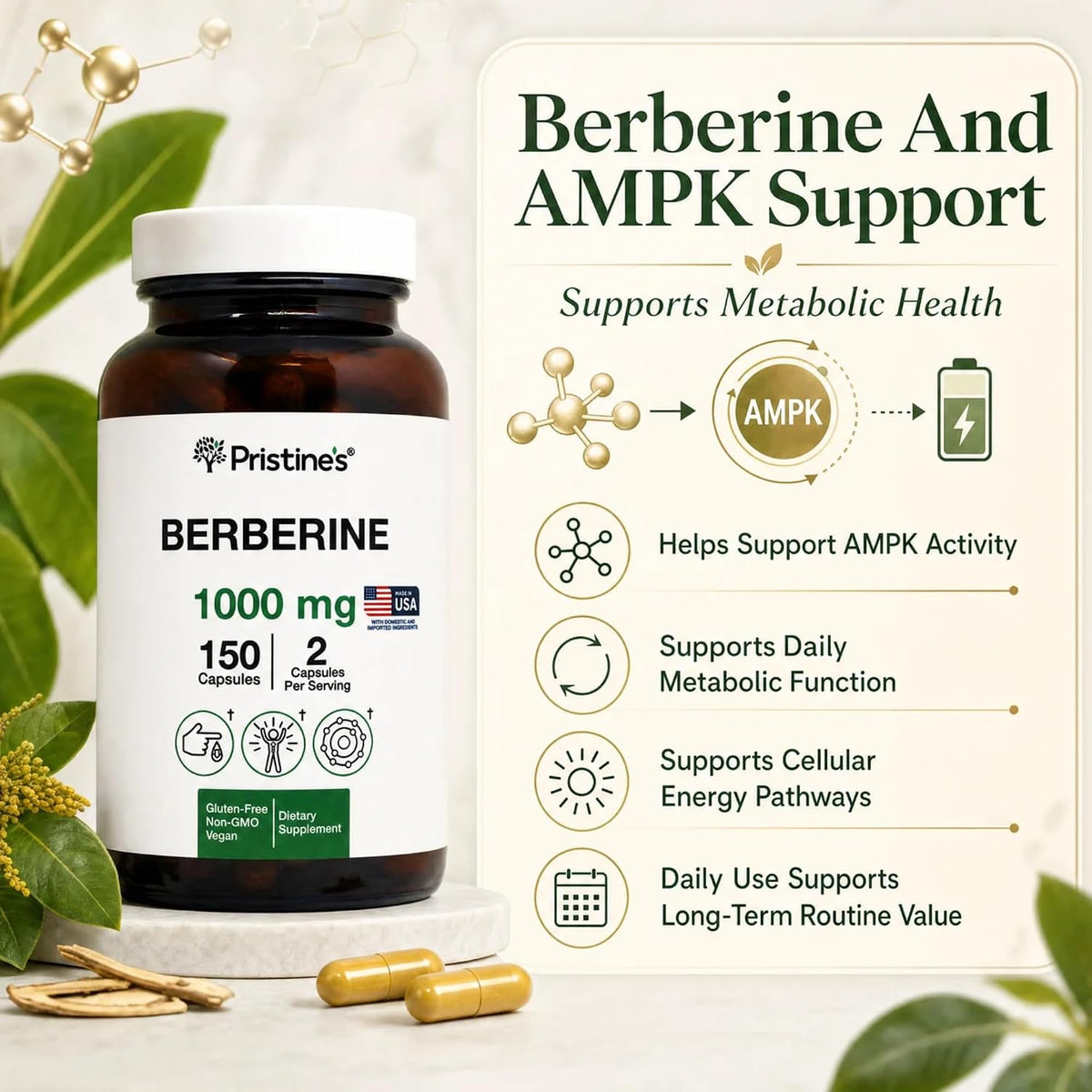 PRISTINE'S Berberine 1000mg Capsules, Daily Wellness Support, 75 Day Supply | Simple 2-capsule berberine routine with 1000mg per serving. Daily wellness, 75 day supply, vegan, non-GMO, gluten-free