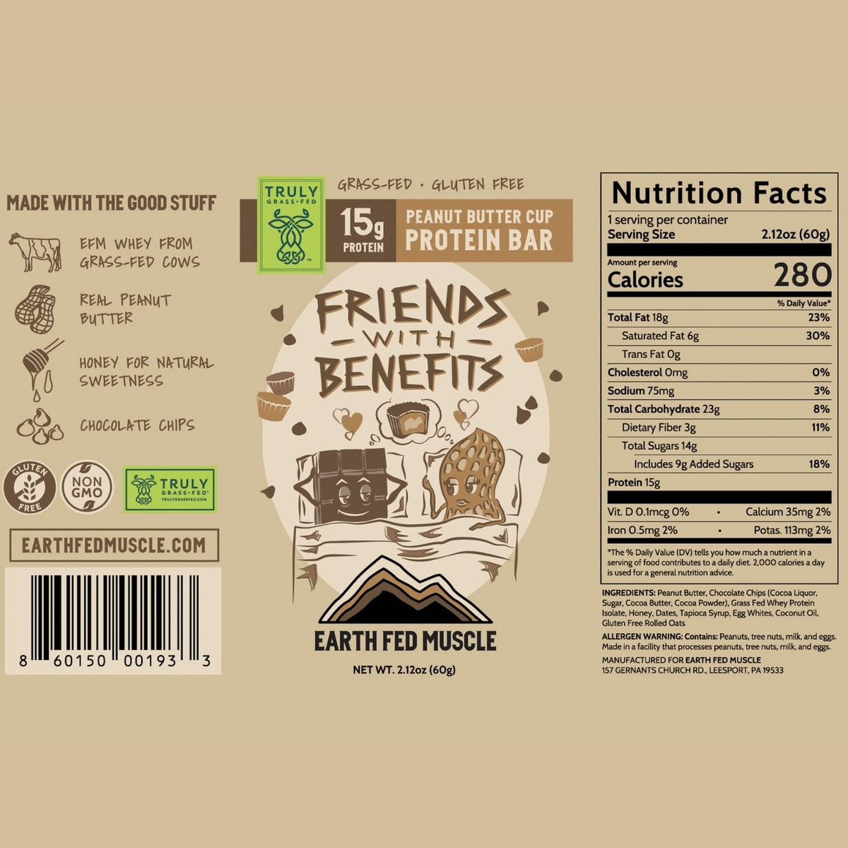 Earth Fed Muscle Friends with Benefits Chocolate Peanut Butter Grass Fed Whey Protein Bars | 15g Protein Snack | Gluten Free, Non-GMO, All-Natural Peanut Butter Energy | 2.12 oz Bars (10 Count)