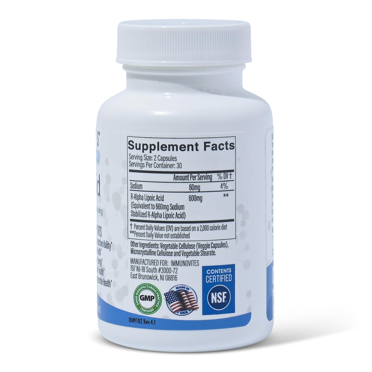 IMMUNOVITES Stabilized R-Alpha Lipoic Acid ((True)) 600mg per Serving [[High Potency & up to 40x Increased Absorption]]