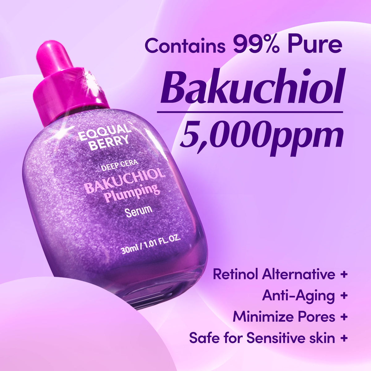 EQQUALBERRY Bakuchiol Plumping Face Serum - Retinol Natural Alternative for Sensitive Skin, with Niacinamide & Hyaluronic Acid