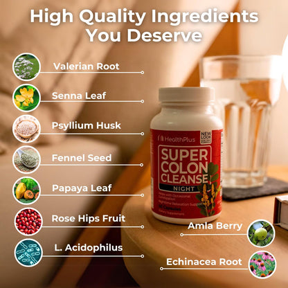 Health Plus Super Colon Cleanse Night Formula Sleep Capsules, 60 Count | Capsules with senna and valerian root, 30 servings; may support occasional constipation relief and restful sleep