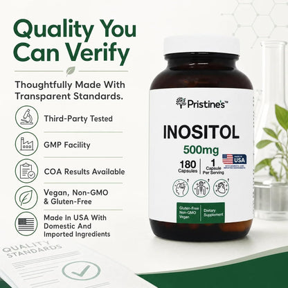 PRISTINE'S Myo-Inositol 500mg Capsules, Women's Health Support, 180 Count | Women's balance and cycle support for daily routines. 180 day supply, vegan, non-GMO, gluten-free capsules in a glass bottle