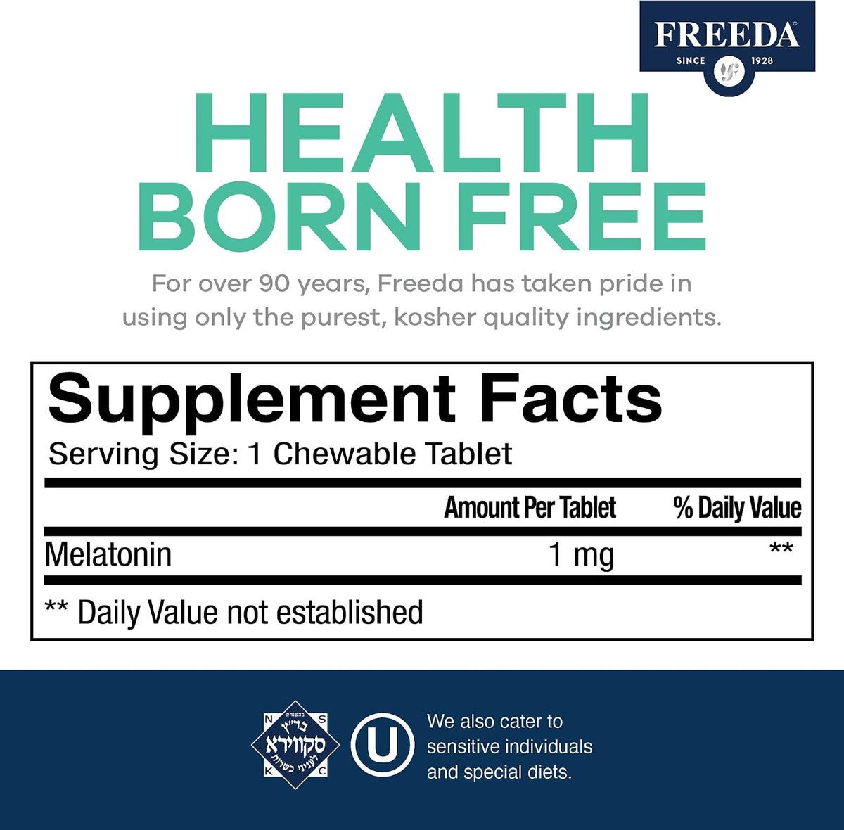FREEDA Melatonin 1mg - Natural Fruit Flavor - 90 Chewable Tablets | Sugar-Free Melatonin Tablets - Non-Habit Forming - Vegan, Gluten-Free, Kosher, Safe for Adults and Kids 3+ - Made in USA