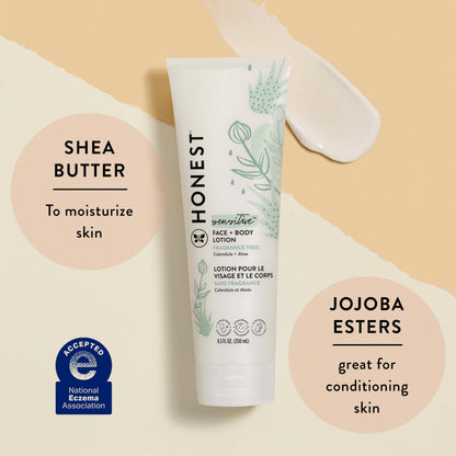 The Honest Company Hydrating Face and Body Lotion, Fast Absorbing, Naturally Derived, Hypoallergenic, Fragrance-Free, Sensitive, 8.5 fl oz