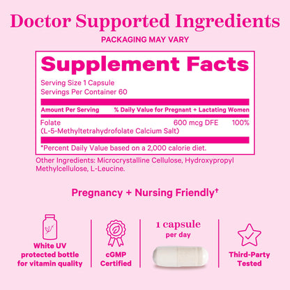 Pink Stork Folate: Methyl Folate - MTHFR Acid, Natural Form of Folic Acid for Pregnancy, Formulated