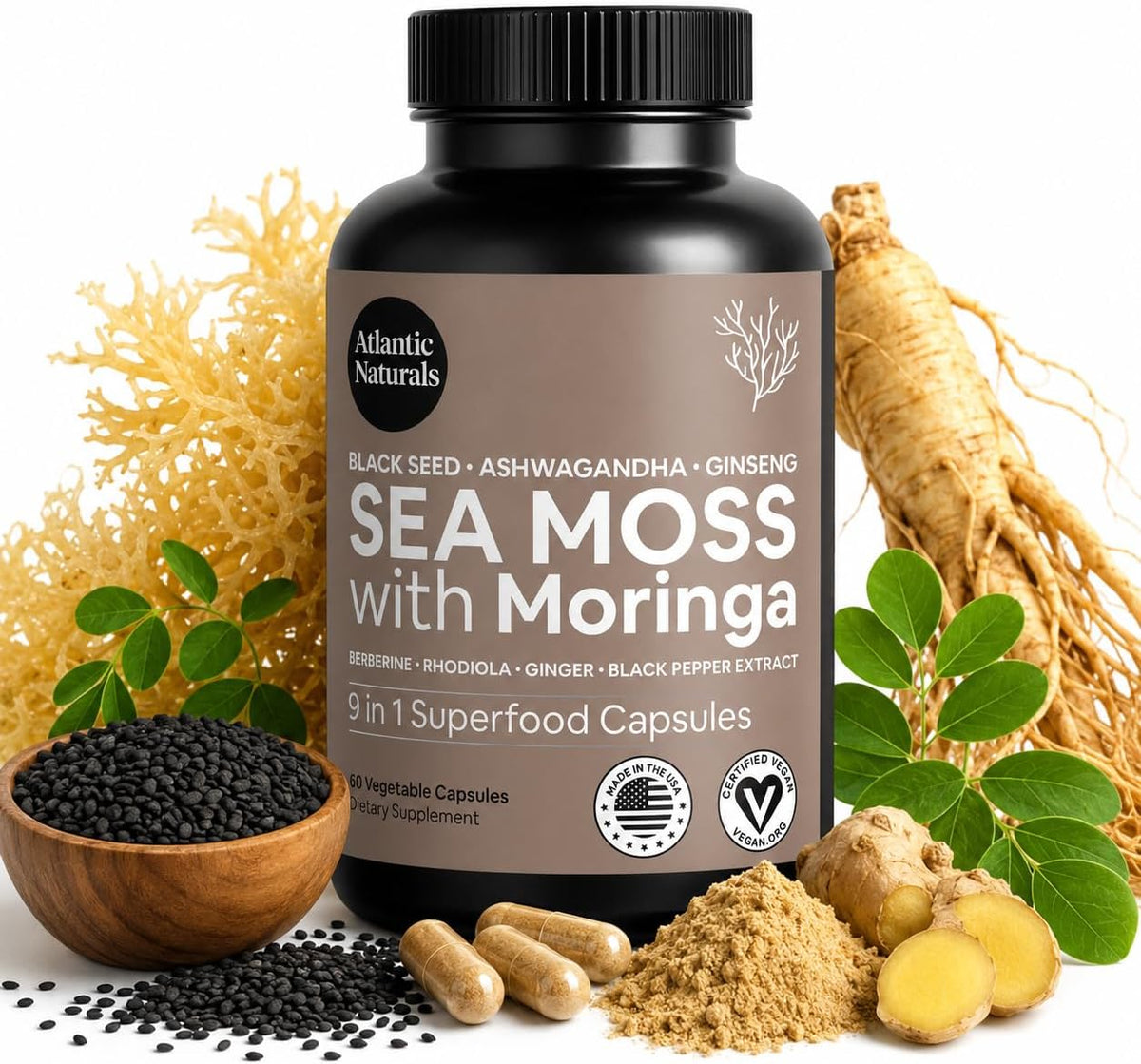 Sea Moss Capsules – Irish Sea Moss with Black Seed Oil, Ashwagandha, Moringa, Ginseng & Ginger for Energy, Vitality & Wellness – Seamoss Nutritional Supplement – Made in USA – 60 Capsules