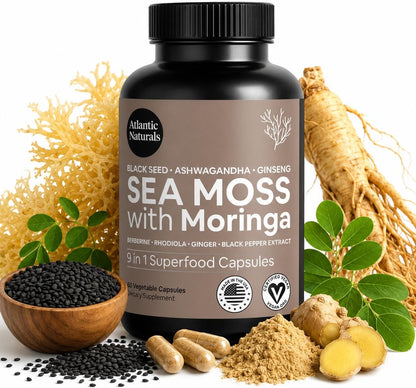 Sea Moss Capsules – Irish Sea Moss with Black Seed Oil, Ashwagandha, Moringa, Ginseng & Ginger for Energy, Vitality & Wellness – Seamoss Nutritional Supplement – Made in USA – 60 Capsules