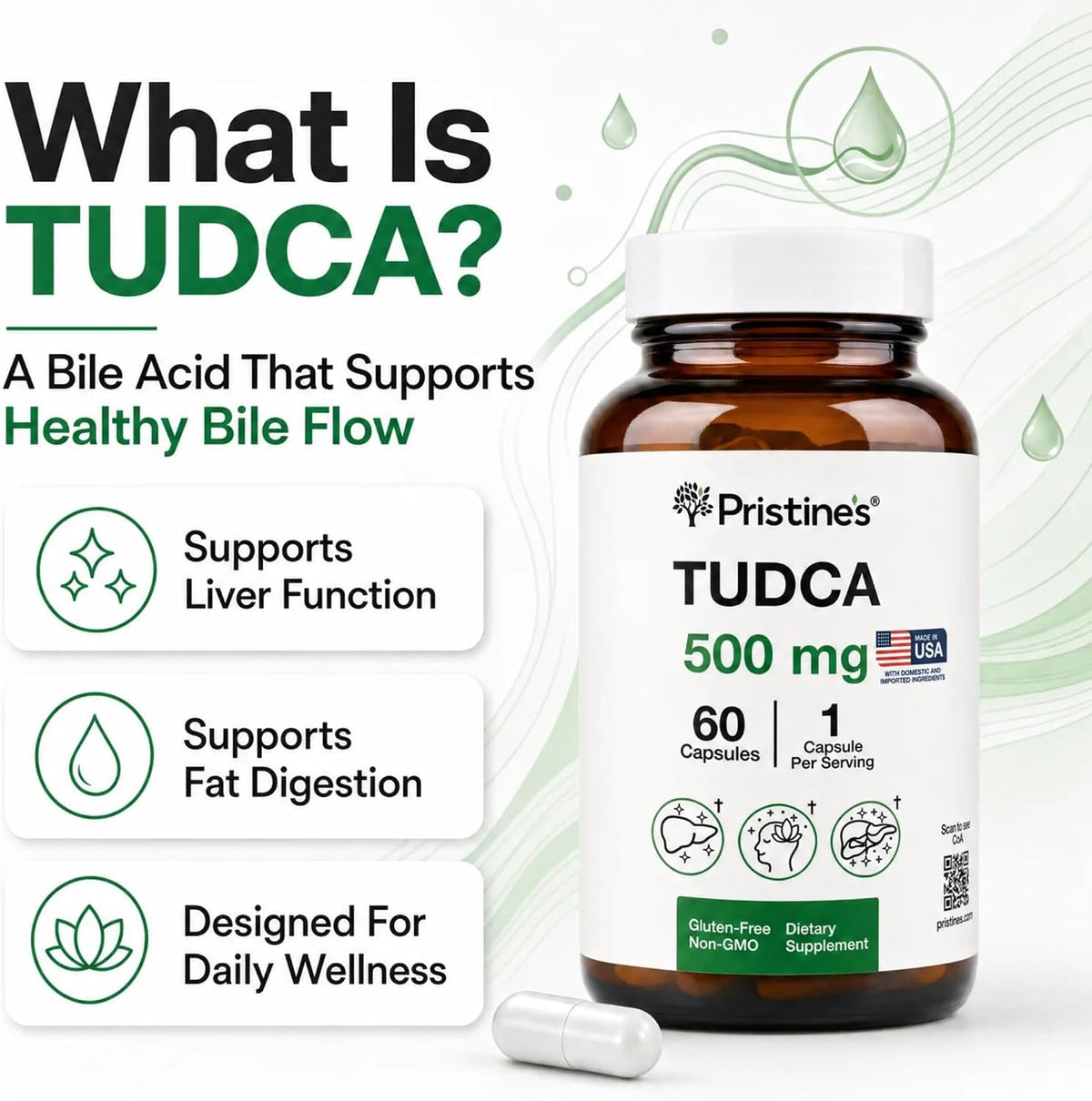 PRISTINE'S TUDCA 500mg Liver & Bile Flow Support Capsules, 60 Day Supply | Tauroursodeoxycholic acid formula for liver, bile flow and digestive support. Vegan, non-GMO, gluten-free glass bottle
