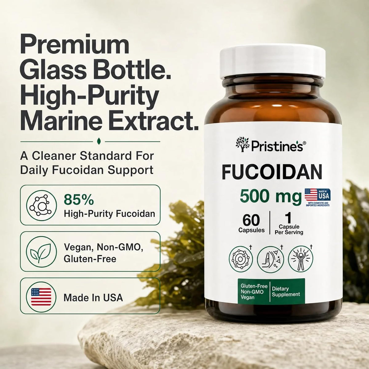 PRISTINE'S Fucoidan 500mg Brown Seaweed Extract Capsules, Vegan, 60 Count | Marine wellness support from brown seaweed extract. 60 count glass bottle, vegan, non-GMO, gluten-free, third-party tested