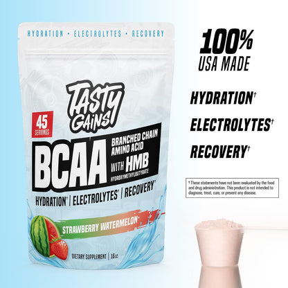 TASTY GAINS - Amino Acids Supplement - BCAA Powder, Amino Energy Powder, Essential Energy with Electrolytes, Essential BCAA & EAA with HMB - 45 Servings, Strawberry Watermelon