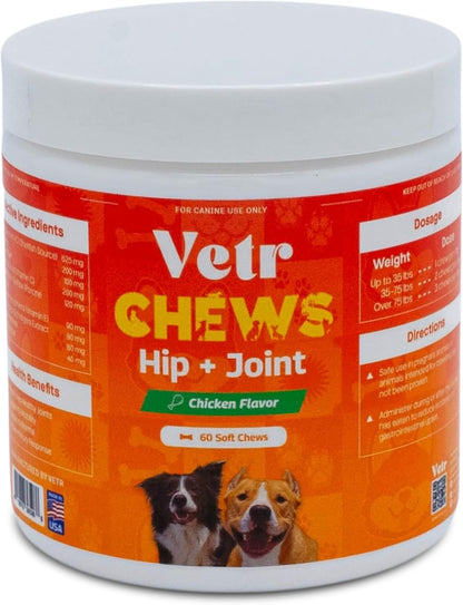 Vetr Hip and Joint Chicken Flavored Chews for Dogs - Glucosamine Chondroitin MSM Supplement - 60 Chewable Tablets - Vet-Formulated in USA