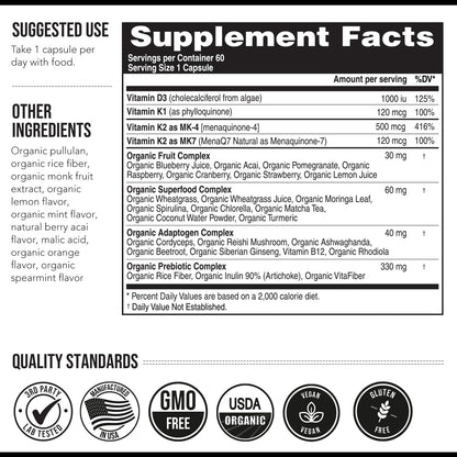 Total K2® | Vitamin K2 as MK7 & MK4 | Plus K1 & Vitamin D3 Cofactor - 620 mcg K2 per Serving - All-Trans MK7 from MenaQ7® - Full-Spectrum Vitamin K - Vegan, Organic Certified (60 Capsules)