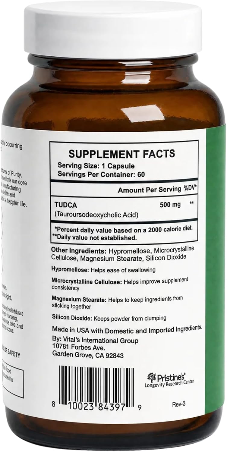 PRISTINE'S TUDCA 500mg Liver & Bile Flow Support Capsules, 60 Day Supply | Tauroursodeoxycholic acid formula for liver, bile flow and digestive support. Vegan, non-GMO, gluten-free glass bottle