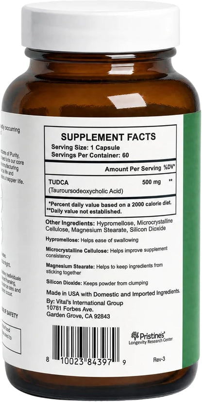 PRISTINE'S TUDCA 500mg Liver & Bile Flow Support Capsules, 60 Day Supply | Tauroursodeoxycholic acid formula for liver, bile flow and digestive support. Vegan, non-GMO, gluten-free glass bottle