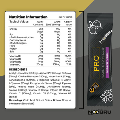 Noobru™ Pro - Brain & Nootropic Supplement for Cognitive Performance, Mental Clarity, and Focus - Precision-Formulated Drink with 17 Research-Backed Ingredients - 20 Servings