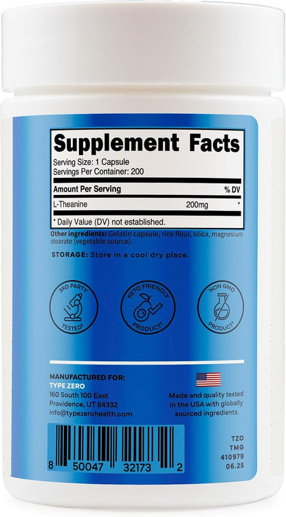 Type Zero L-Theanine (200mg) 200 Capsules, Clean L-Theanine Supplement | Keto, GMO-Free