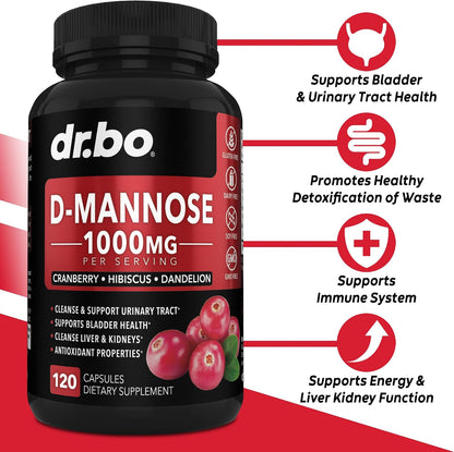 D Mannose Supplements for Women Pills - Natural D-Mannose 500mg Capsules, Cranberry DMannose Pills 1000mg Per Serving - Bladder Flush & Urinary Tract Cleanse Health Supplement - 120 Veg Capsules