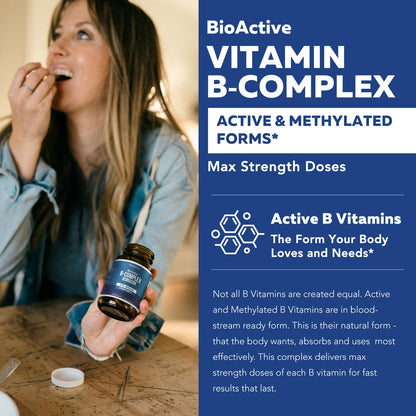 BioActive Vitamin B Complex - Blood Stream Ready, Methylated B Complex - Featuring Methylfolate, 3 BioActive Forms of B12, BenfoPure® B1 & Pantesin® B5 - 12 B Vitamins in Clinical Doses - 60 Servings