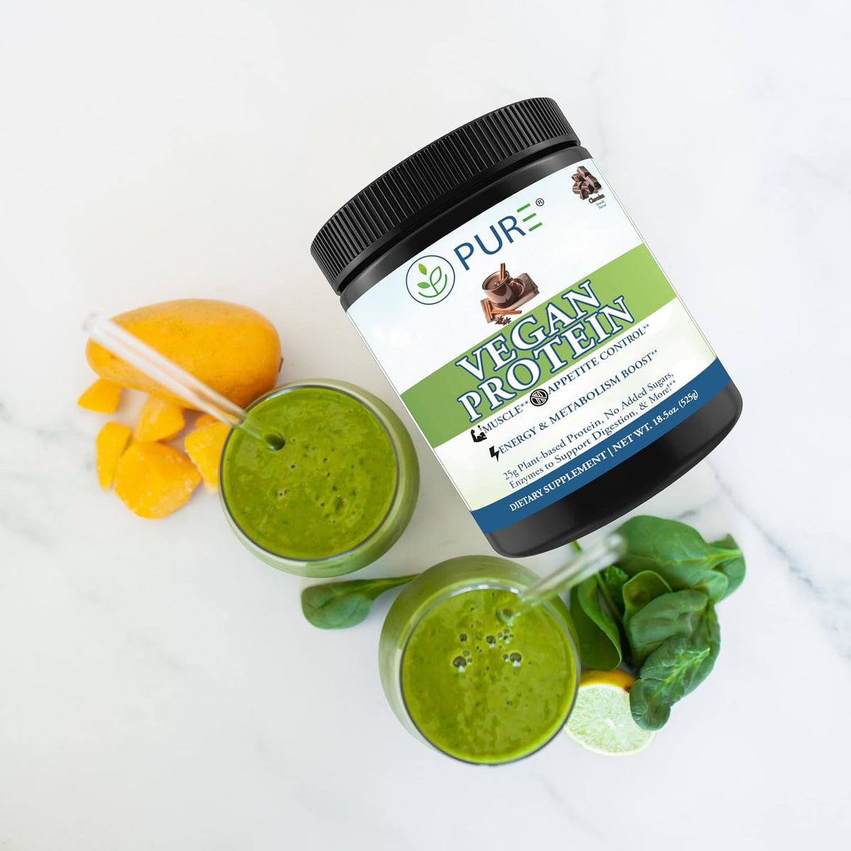 PURE® Vegan Protein Powder - 25g Plant Based Protein, 15 Servings - Pea & Mung Bean Blend with Digestive Enzymes - Dairy-Free - Muscle Recovery & Appetite Control - Chocolate 525 Grams