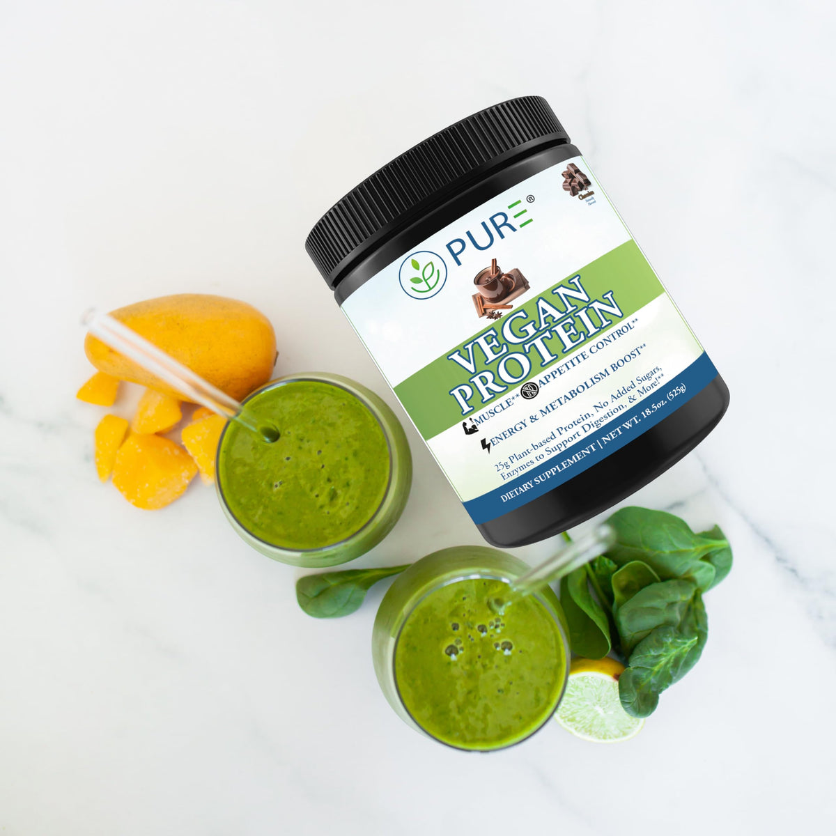 PURE® Vegan Protein Powder - 25g Plant Based Protein, 15 Servings - Pea & Mung Bean Blend with Digestive Enzymes - Dairy-Free - Muscle Recovery & Appetite Control - Chocolate 525 Grams