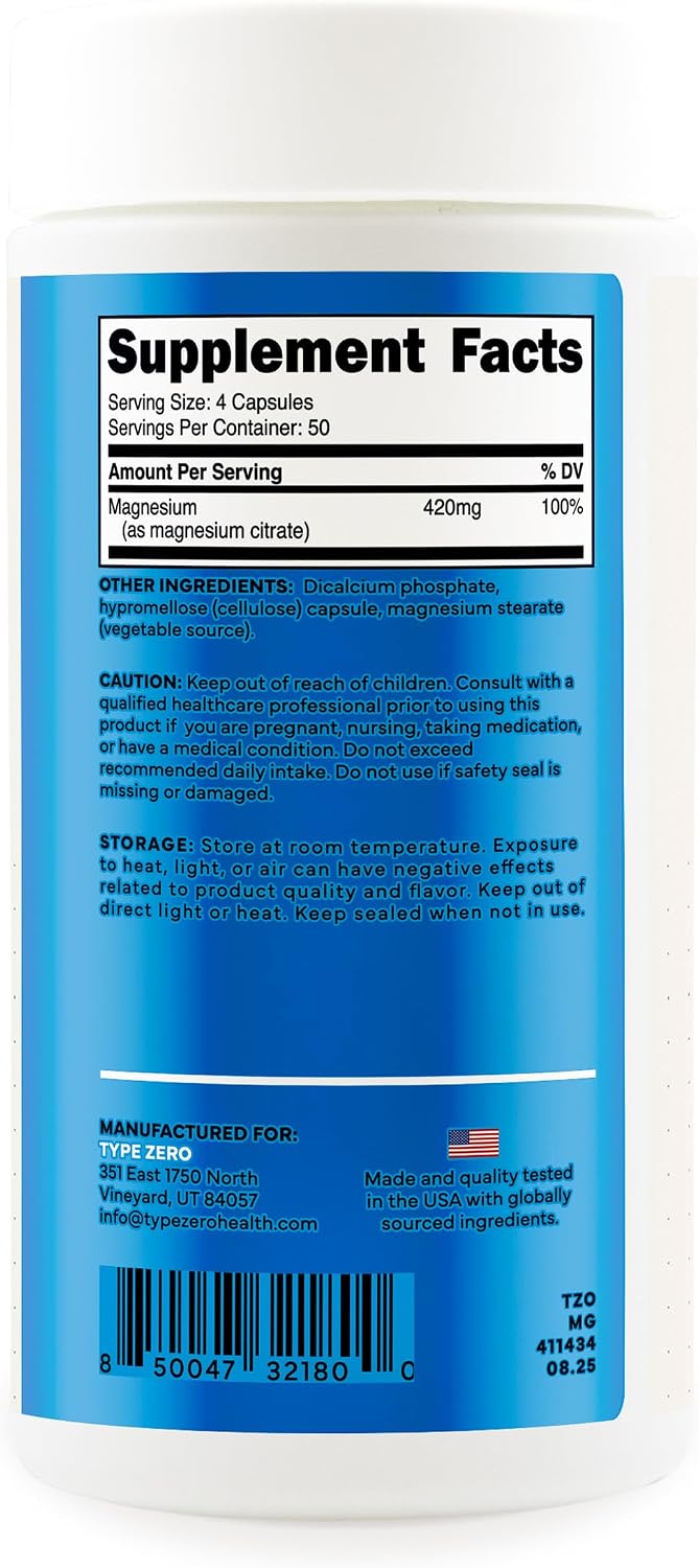 Type Zero Clean Magnesium Citrate (420mg) 200 Capsules, Gluten-Free | Pure Magnesium Citrate Supplement, GMO-Free, 50 Servings