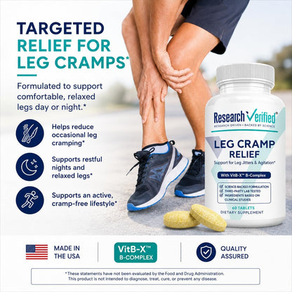 Research Verified Leg Cramps - Magnesium, B Vitamins, Ginger, Chamomile, BioPerine - Circulation Support - Vegan - 1 Month Supply