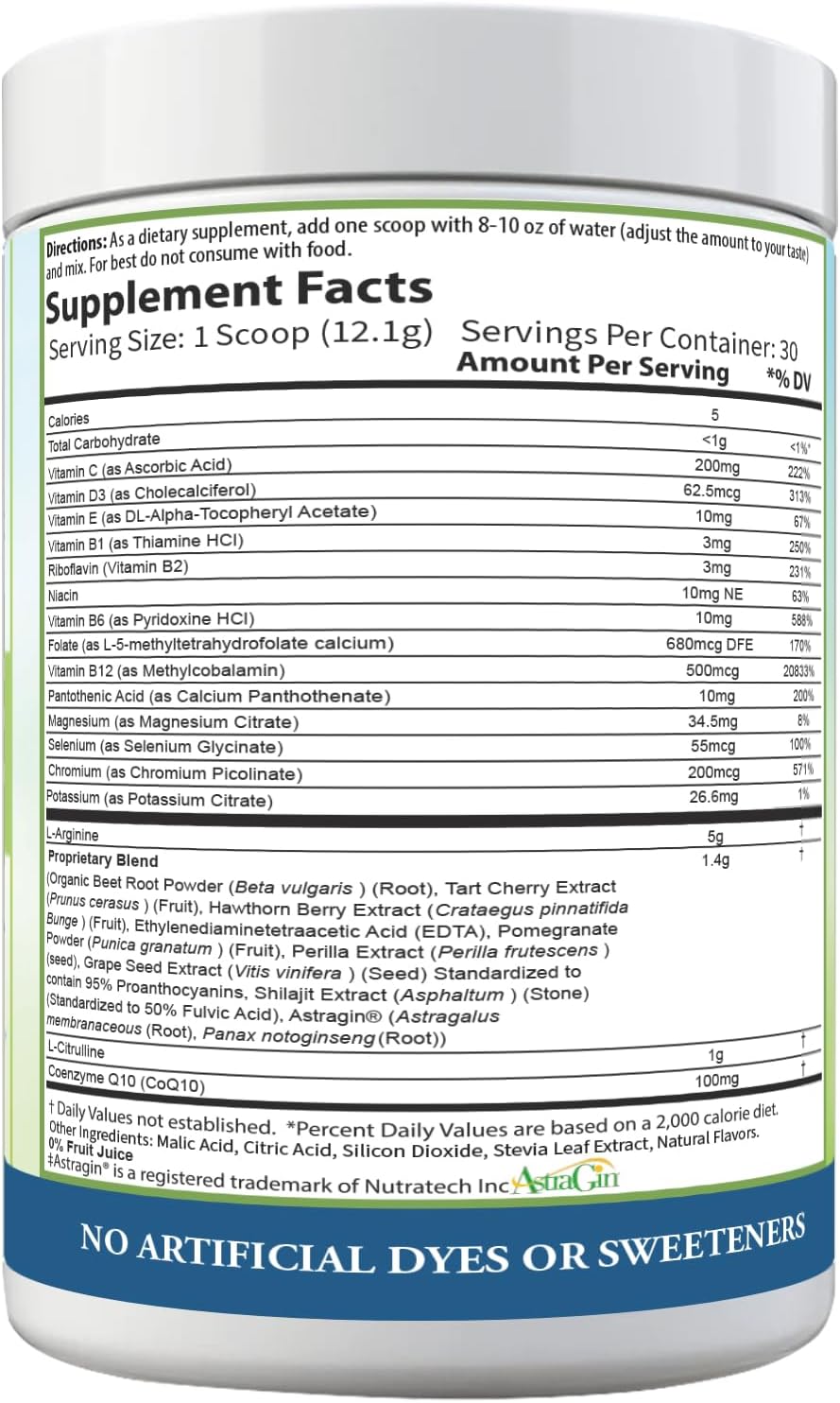 Cardio 911® Nitric Oxide Heart & Circulation Support - 5000mg L-Arginine & 1000mg L-Citrulline - Mixed Berry, 30 Servings Powder, 363 Grams - CoQ10 Beet Root - High Potency Cardiovascular Formula