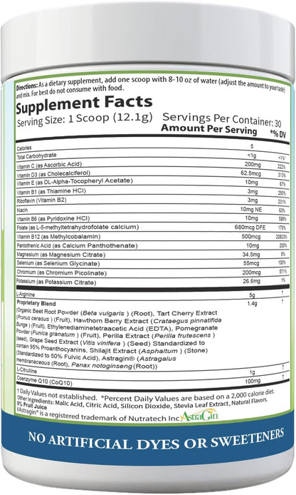 Cardio 911® Nitric Oxide Heart & Circulation Support - 5000mg L-Arginine & 1000mg L-Citrulline - Mixed Berry, 30 Servings Powder, 363 Grams - CoQ10 Beet Root - High Potency Cardiovascular Formula