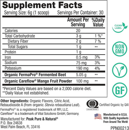 Peak Pure & Natural Peak Organic Fermented Beets - Organic Fermented Beet Powder Superfood Drink Powder - Nitric Oxide Supplement Support for Normal Blood Pressure