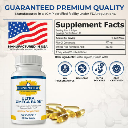 Ultra Omega Burn - Omega-7 Softgels for Women and Men - Palmitoleic Acid | Marine Lipid Softgels, Metabolic Health Support, Palmitoleic Blend, Simple Once-Daily Routine, Non-GMO