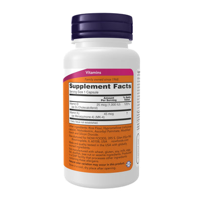 NOW Supplements, Vitamin D-3 & K-2, 1,000 IU/45 mcg,Plus Cardiovascular Support*, Supports Bone Health*, 120 veg Capsules