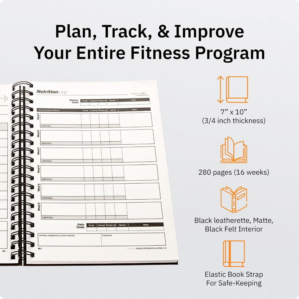 Daily Fitness Journal, Workout Planner & Food Log Book 7x10 Inches | Premium Faux Leather Cover, Weekly Check-Ins for Energy, Joint Health and Mindset Alongside Training and Nutrition Goals