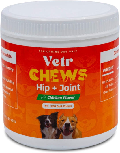 Vetr Hip and Joint Chicken Flavored Chews for Dogs - Glucosamine Chondroitin MSM Supplement - 120 Chewable Tablets - Vet-Formulated in USA