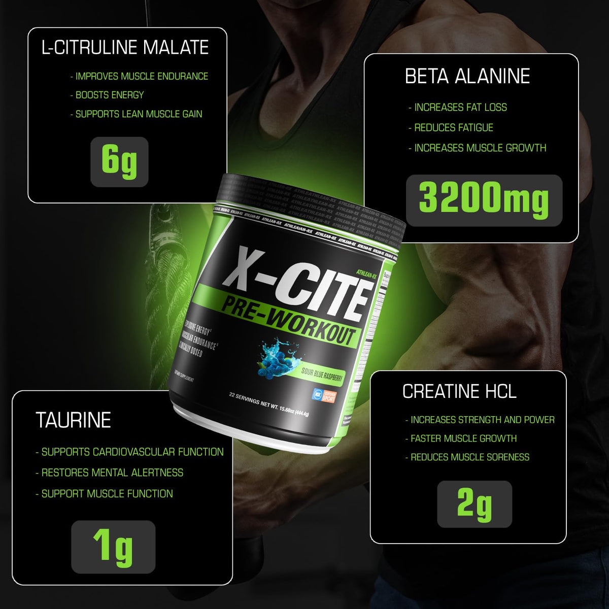 X-CITE Pre-Workout by ATHLEAN-X - Enhanced Formula with Beta-Alanine, Creatine & Caffeine for Ultimate Energy, Endurance, Focus & Muscle Pump, NSF Certified for Sports (Cherry Lemon Ice)