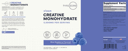 Type Zero Creatine Monohydrate Powder (Unflavored) 500 Grams, Micronized | 5000mg Per Serving, Zero Sugar, Keto Friendly & Gluten-Free, 100 Servings