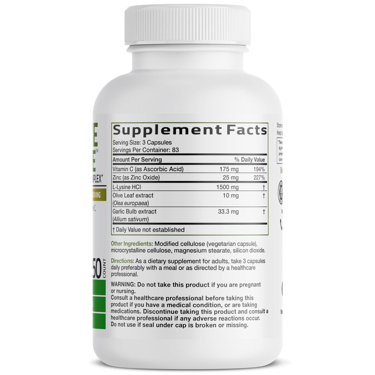 Bronson L-Lysine Defense Immune Support Complex, 1500 mg, 90 Capsules | Essential Amino Acid with Olive Leaf, Garlic, Vitamin C & Zinc, Vegetarian, Non-GMO, Gluten-Free & Soy-Free