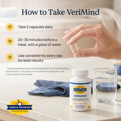 Verimind - Brain Supplement Capsules for Memory and Focus - DHA and Bacopa | Nootropic Formula, Recall and Clarity Support, Phosphatidylserine Blend, Simple Once-Daily Routine, Stimulant-Free
