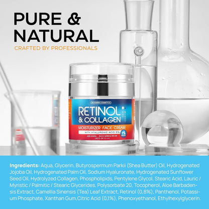 Retinol Cream for Face with Hyaluronic Acid, Day-Night Anti-Aging Moisturizer for Women, Men, Collagen Cream for Face Reduces Wrinkles, Dryness, 1.85 Oz