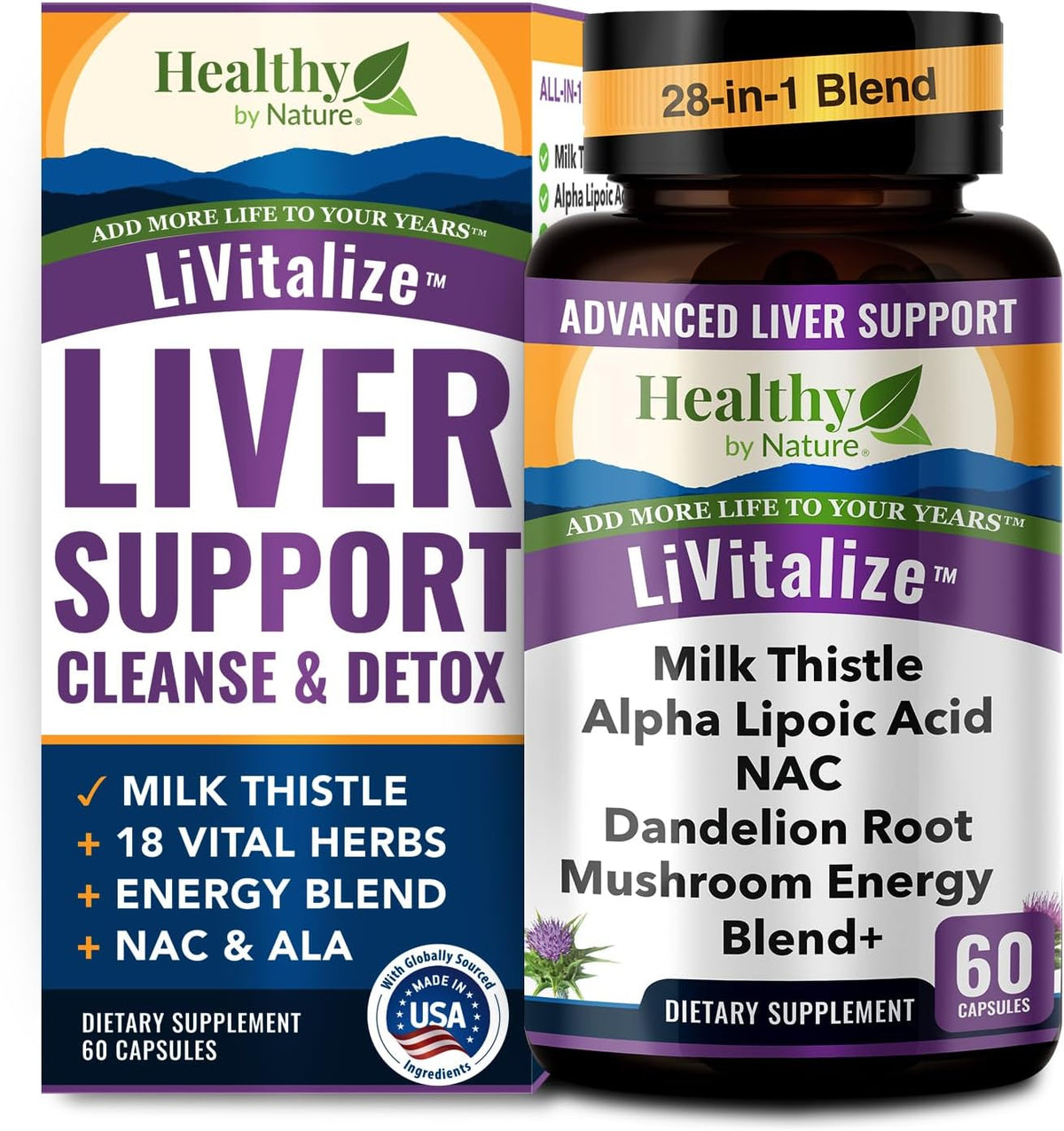 LiVitalize 28-in-1 Liver Health Support with Milk Thistle – Liver Cleanse & Detox Supplement - Dandelion NAC Alpha Lipoic Acid Artichoke Reishi Chaga Turkey Tail Mushroom Formula 1540mg, 60 Capsules