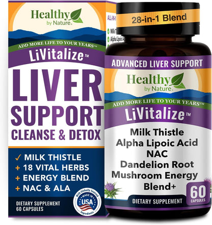 LiVitalize 28-in-1 Liver Health Support with Milk Thistle – Liver Cleanse & Detox Supplement - Dandelion NAC Alpha Lipoic Acid Artichoke Reishi Chaga Turkey Tail Mushroom Formula 1540mg, 60 Capsules