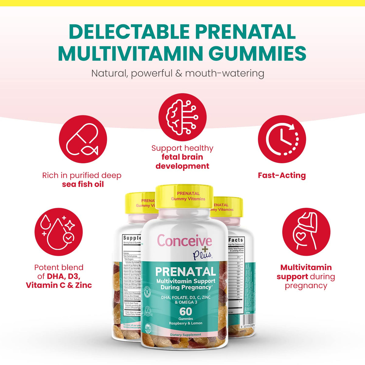CONCEIVE PLUS Prenatal Gummies - DHA, Folic Acid, Vitamin D3, C, Zinc, and Omega 3, Natural Lemon