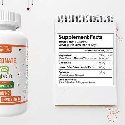 Magtein Magnesium L Threonate Supplement with L Theanine, Lemon Balm and Apigenin, High Absorption 120 Purified Veggie Capsules, 1400 mg, Gluten Free, Non-GMO, Vegetarian