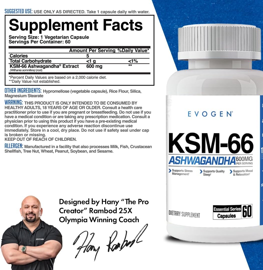 Evogen KSM-66 Ashwagandha 600mg | 60 Capsules | Clinically studied adaptogen for stress relief, restful sleep, focus, mood balance and recovery