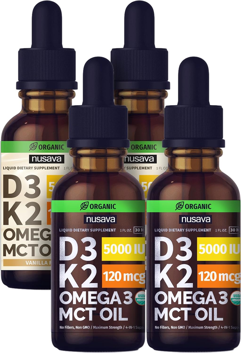 NUSAVA Unflavored D3 K2 Liquid Drops and Vanilla Flavored D3 K2 Liquid Drops Bundle - Potent Liquid Vitamins for Heart, Joint, Bone, Muscle, & Immune Support - Non-GMO, Gluten-Free, 2pk Each