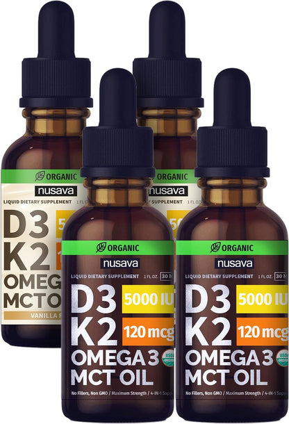 NUSAVA Unflavored D3 K2 Liquid Drops and Vanilla Flavored D3 K2 Liquid Drops Bundle - Potent Liquid Vitamins for Heart, Joint, Bone, Muscle, & Immune Support - Non-GMO, Gluten-Free, 2pk Each