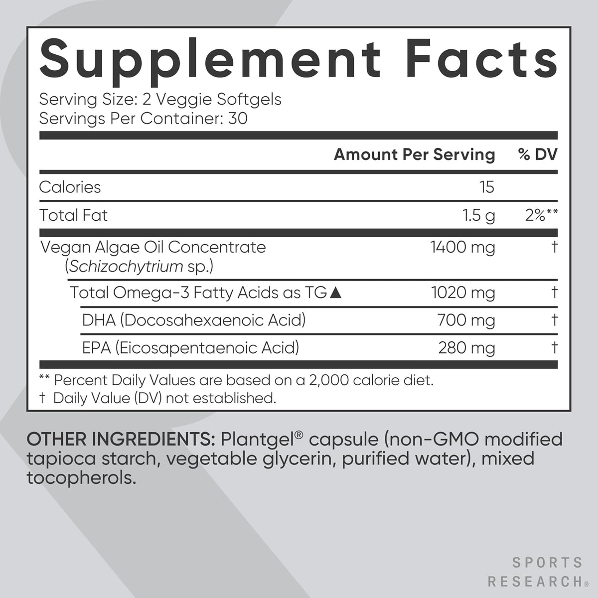 Sports Research Vegan Omega-3 Fish Oil Alternative from Algae Oil - Highest Levels of Vegan DHA & EPA Fatty Acids | Non-GMO Tested & Vegan Certified - 60 Veggie Softgels (Carrageenan Free)