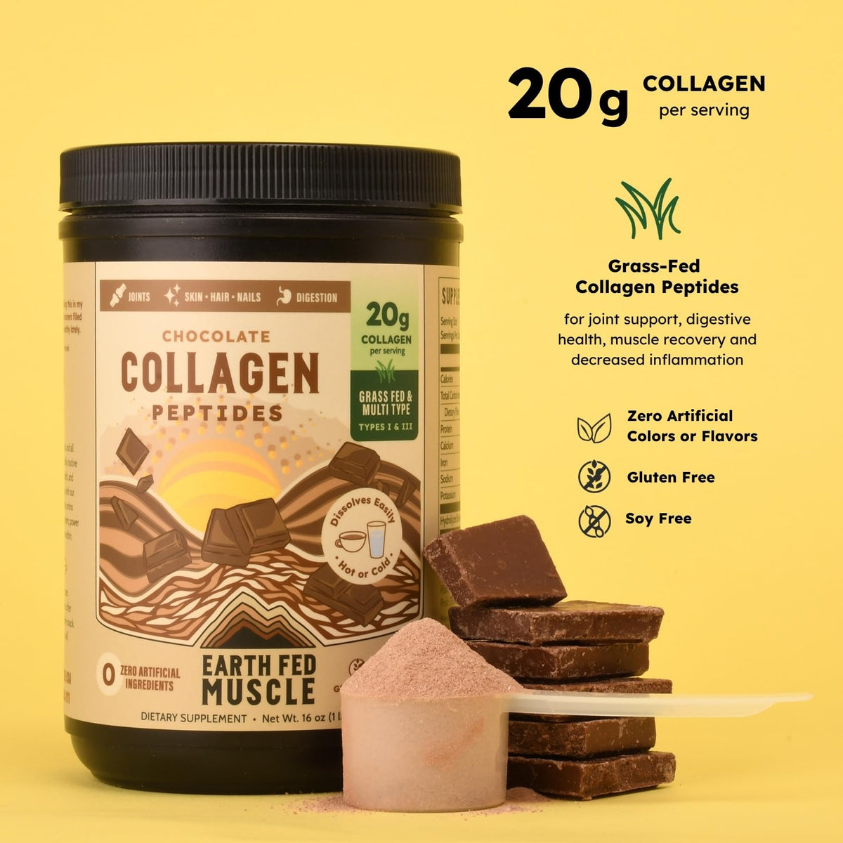 Earth Fed Muscle Collagen Peptides, Unflavored, 23 Servings | Third-Party Certified, 20g Protein, Grass Fed, Non-GMO, Hormone Free, Gluten Free, Multi-Type