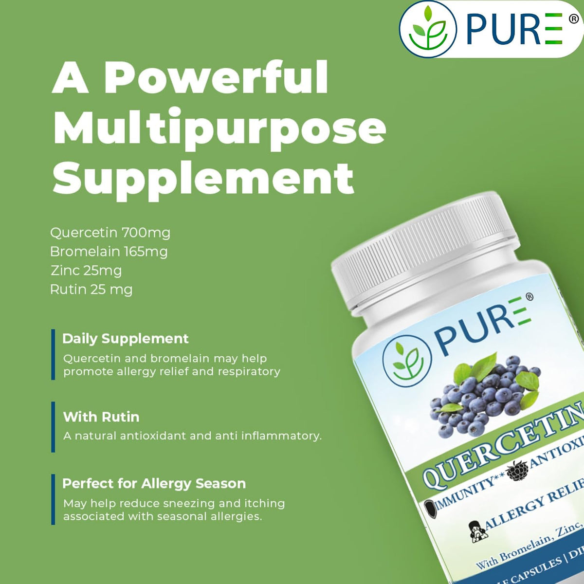 PURE® Quercetin+ with Zinc, Bromelain, Rutin Immune Shield - 60 Capsules - High Bioavailability Antioxidant Complex for Respiratory Health & Viral Defense - Made in USA